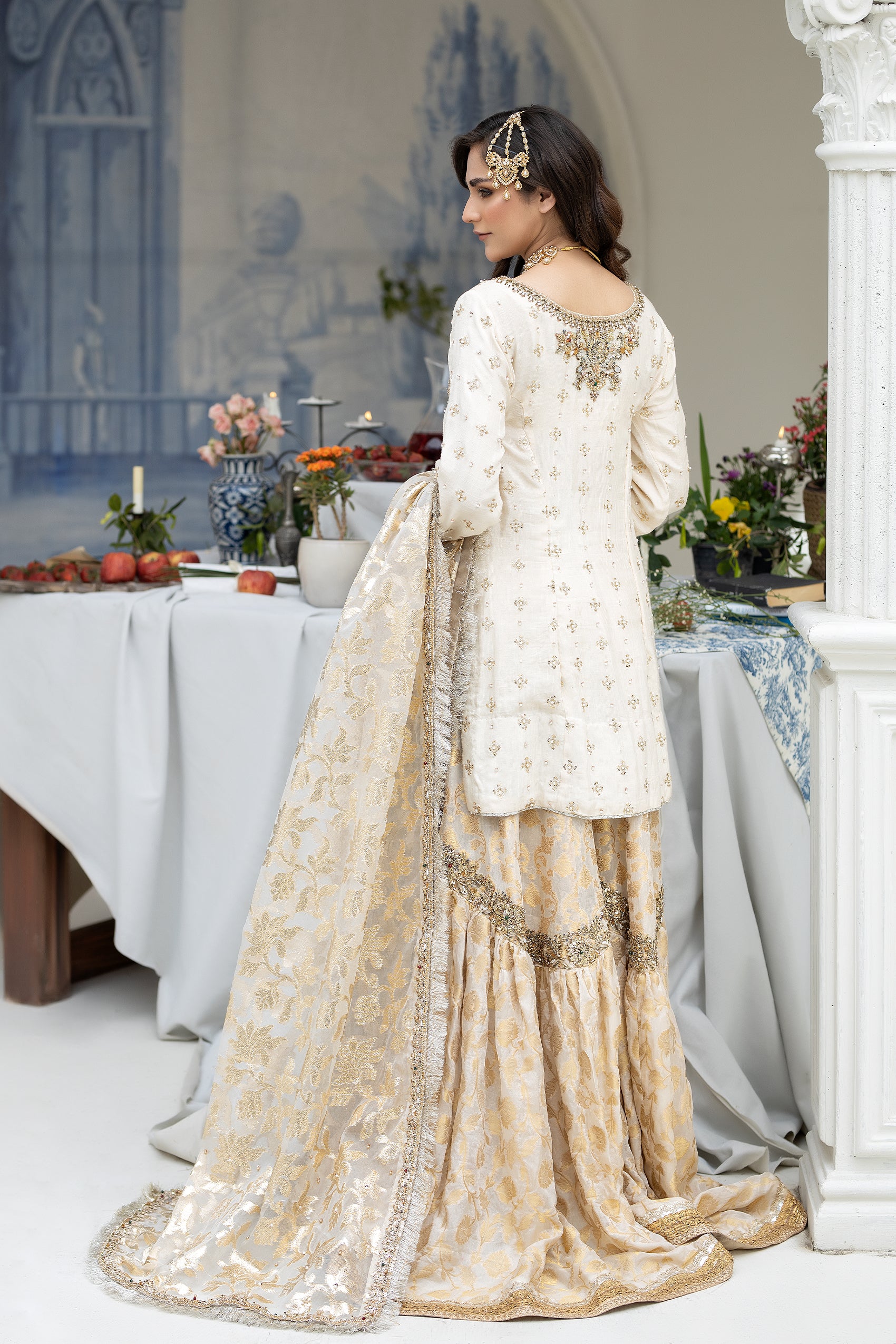 Pakistani Ivory Hand-Embroidered Raw Silk Gharara (3-Piece) - Image 5