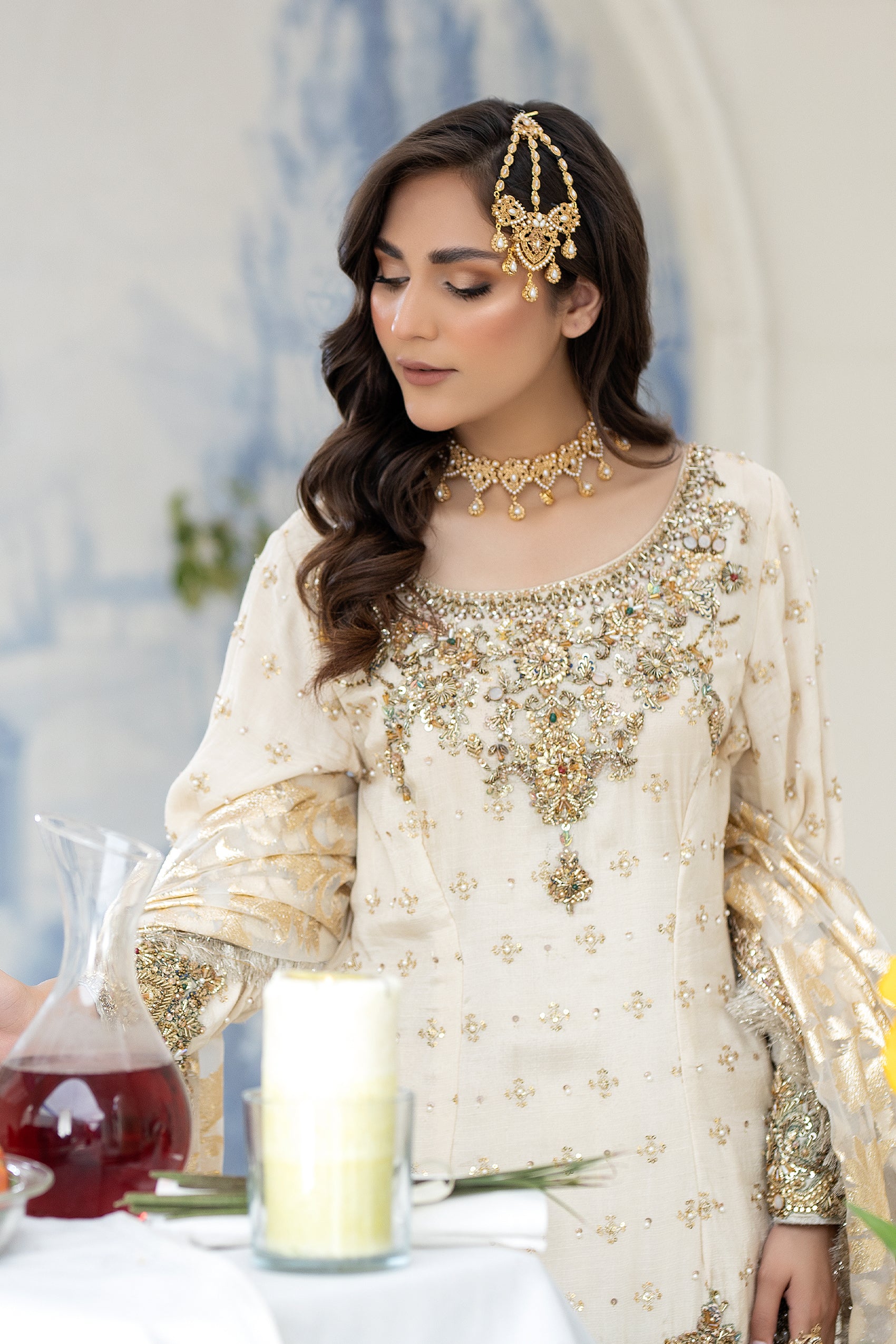 Pakistani Ivory Hand-Embroidered Raw Silk Gharara (3-Piece) - Image 6