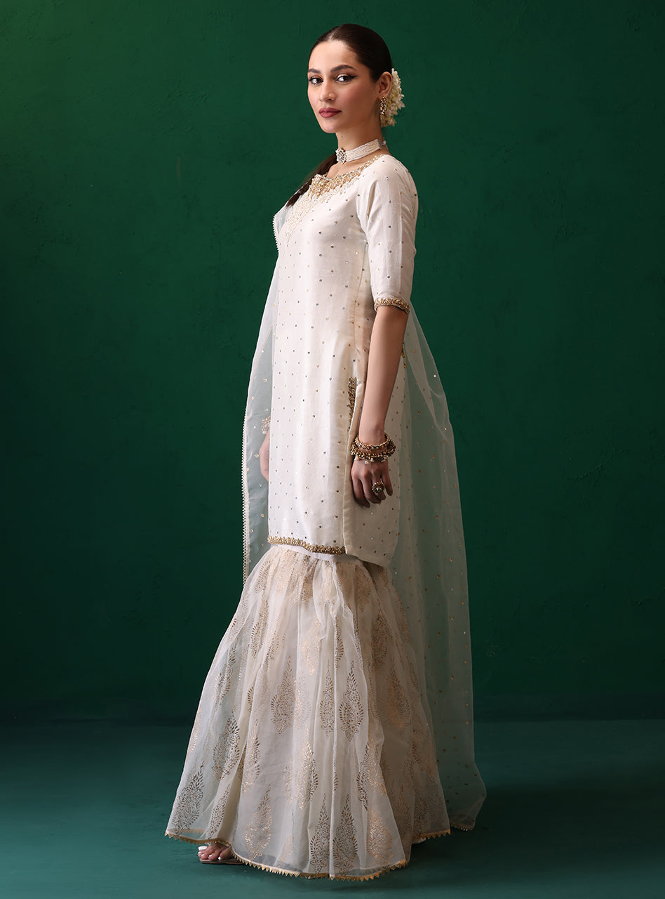Pakistani Ivory Embellished Rawsilk Organza Gharara (3-Piece) - Image 3