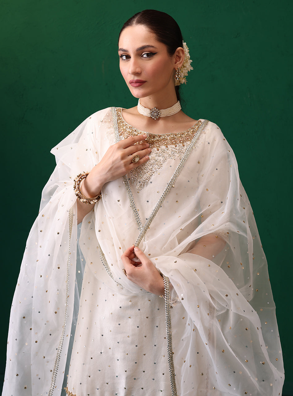 Pakistani Ivory Embellished Rawsilk Organza Gharara (3-Piece) - Image 6