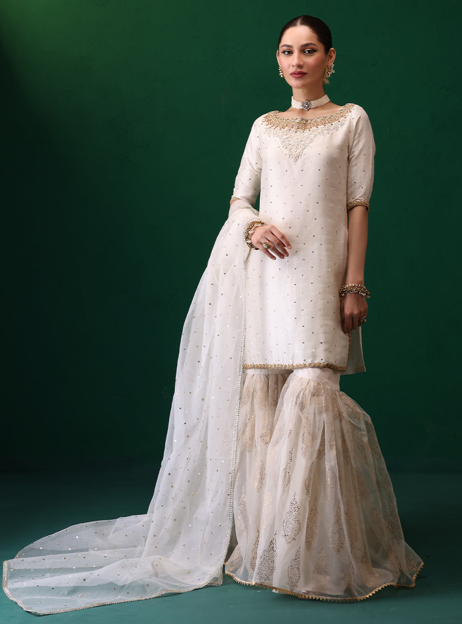 Ivory Embellished Rawsilk Organza Gharara (3-Piece) - Image 1