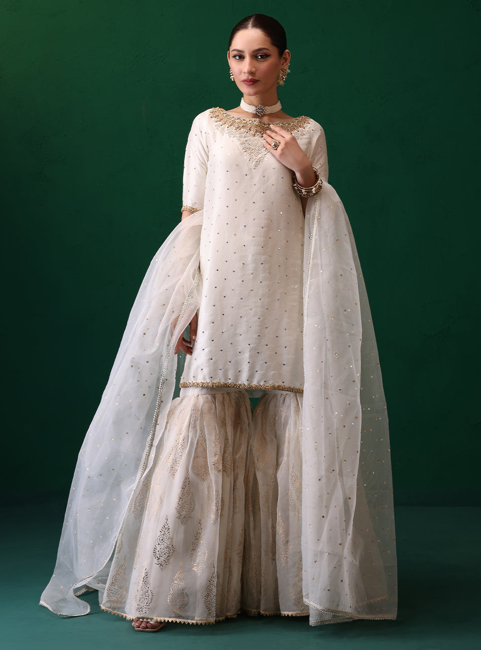 Ivory Embellished Rawsilk Organza Gharara (3-Piece) - Image 3