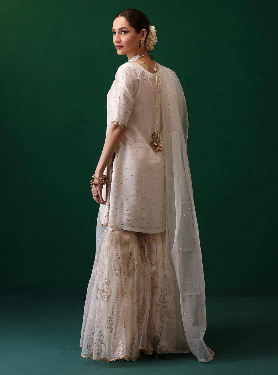 Ivory Embellished Rawsilk Organza Gharara (3-Piece) - Image 4