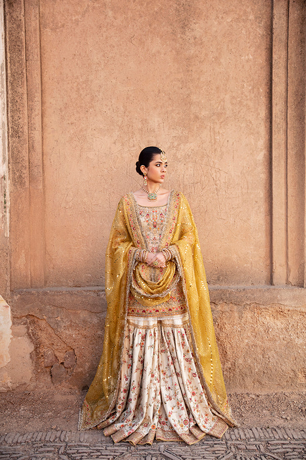 Indian Ivory Embroidered Silk Gharara Set (3-Piece) - Image 3