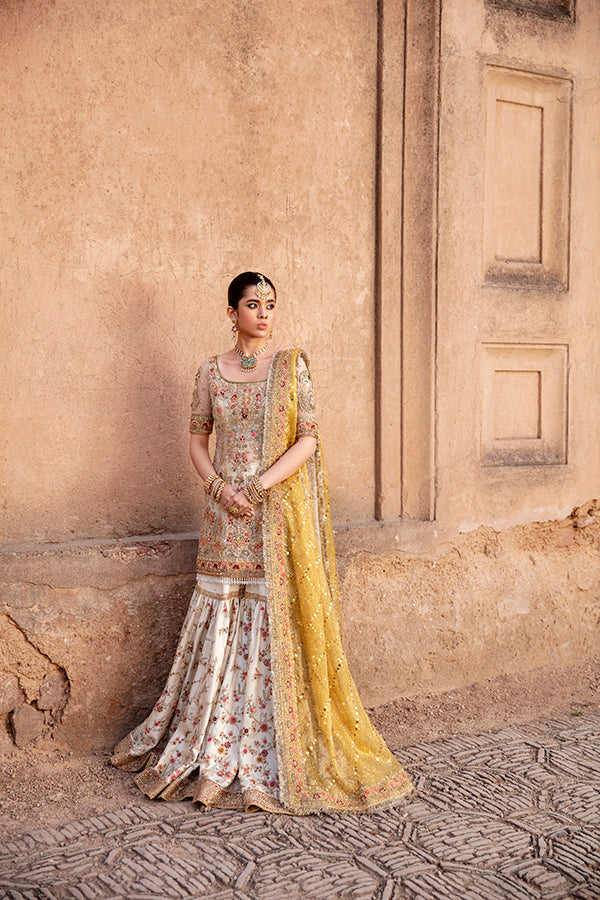 Indian Ivory Embroidered Silk Gharara Set (3-Piece) - Image 4