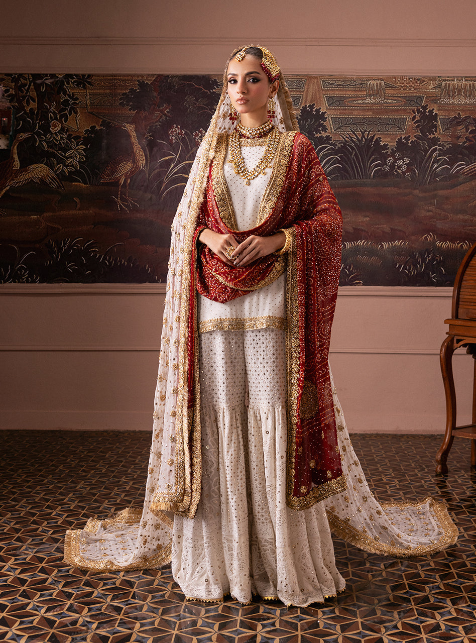 Pakistani Red and Ivory Gold Embroidered Silk Blend Bridal Gharara (3-Piece) - Image 1