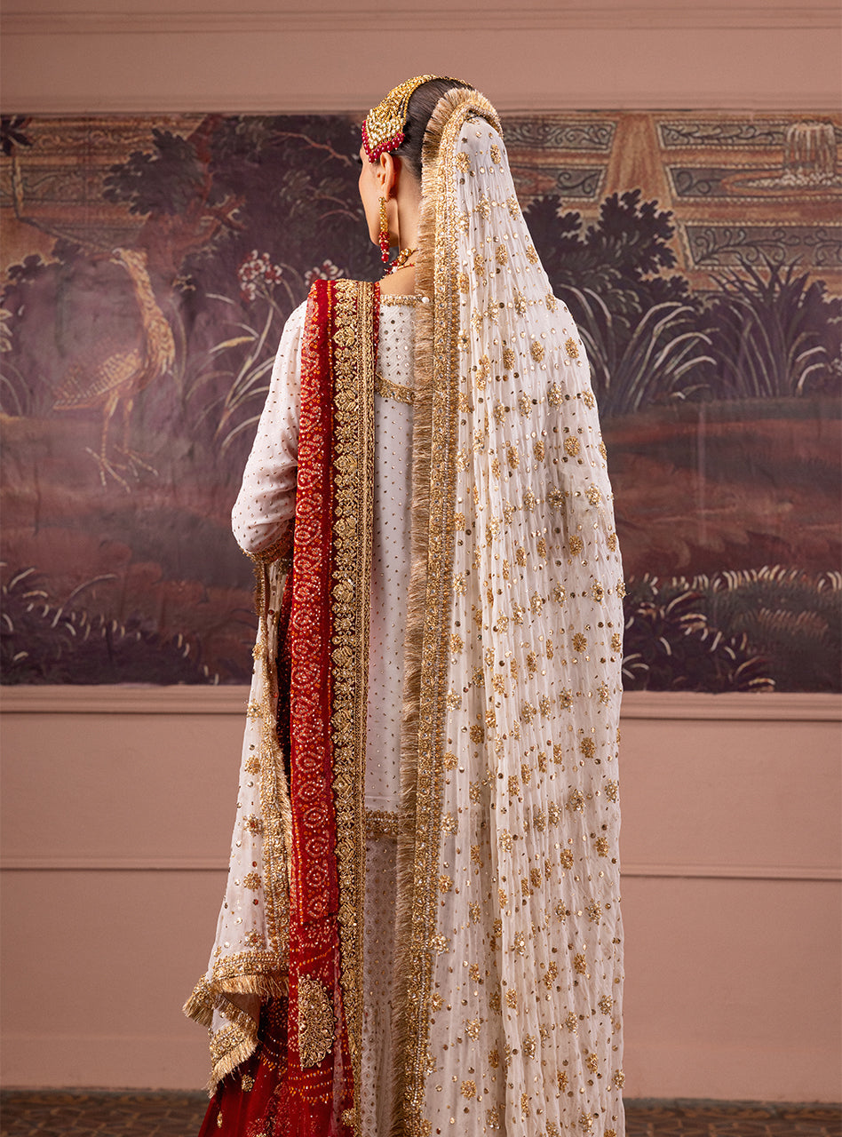 Pakistani Red and Ivory Gold Embroidered Silk Blend Bridal Gharara (3-Piece) - Image 10