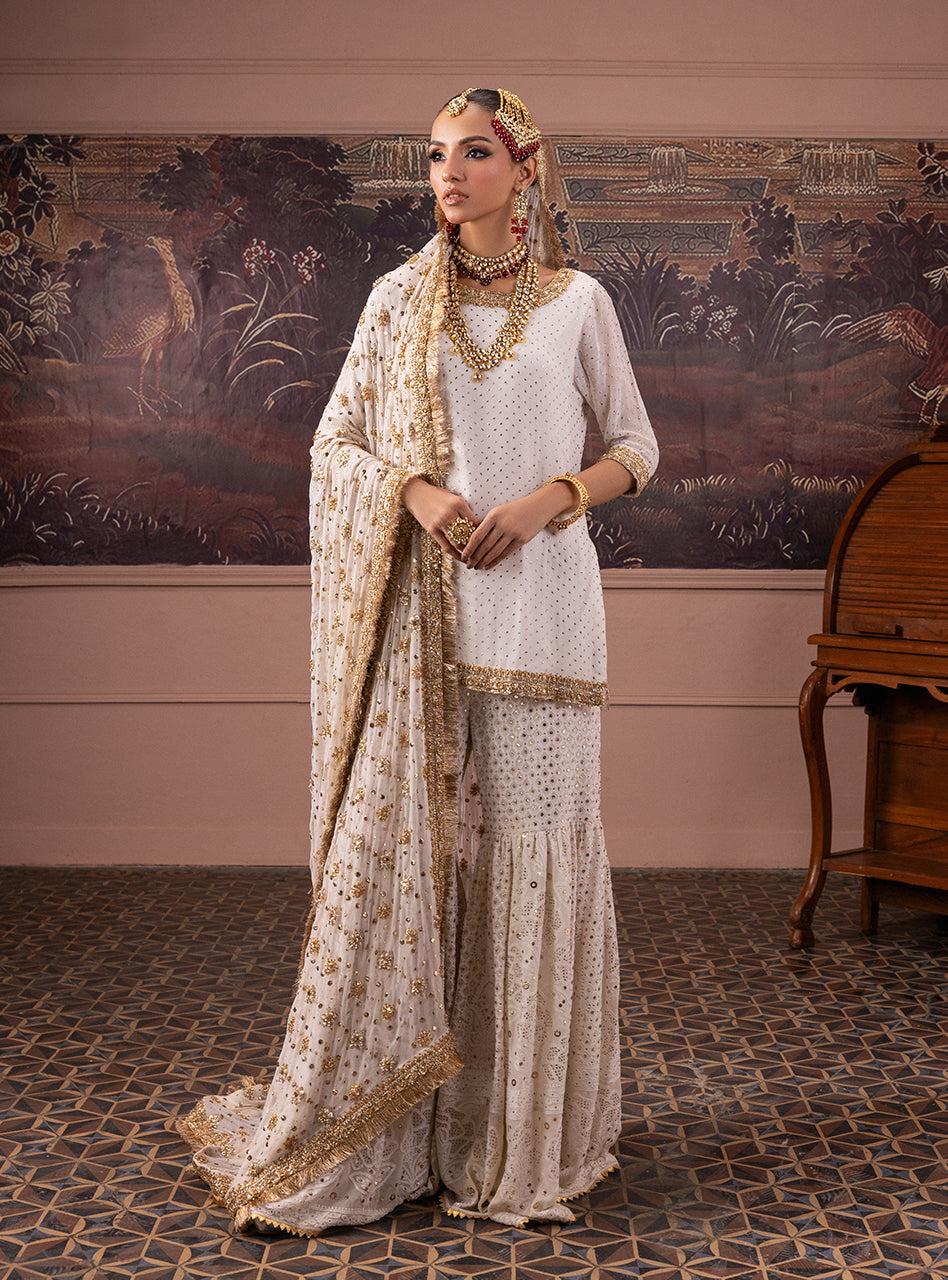 Pakistani Red and Ivory Gold Embroidered Silk Blend Bridal Gharara (3-Piece) - Image 13