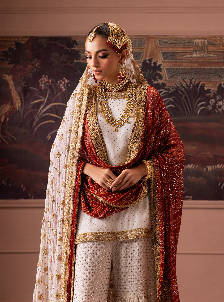 Pakistani Red and Ivory Gold Embroidered Silk Blend Bridal Gharara (3-Piece) - Image 2