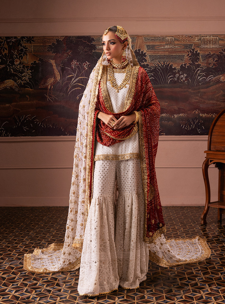 Pakistani Red and Ivory Gold Embroidered Silk Blend Bridal Gharara (3-Piece) - Image 3