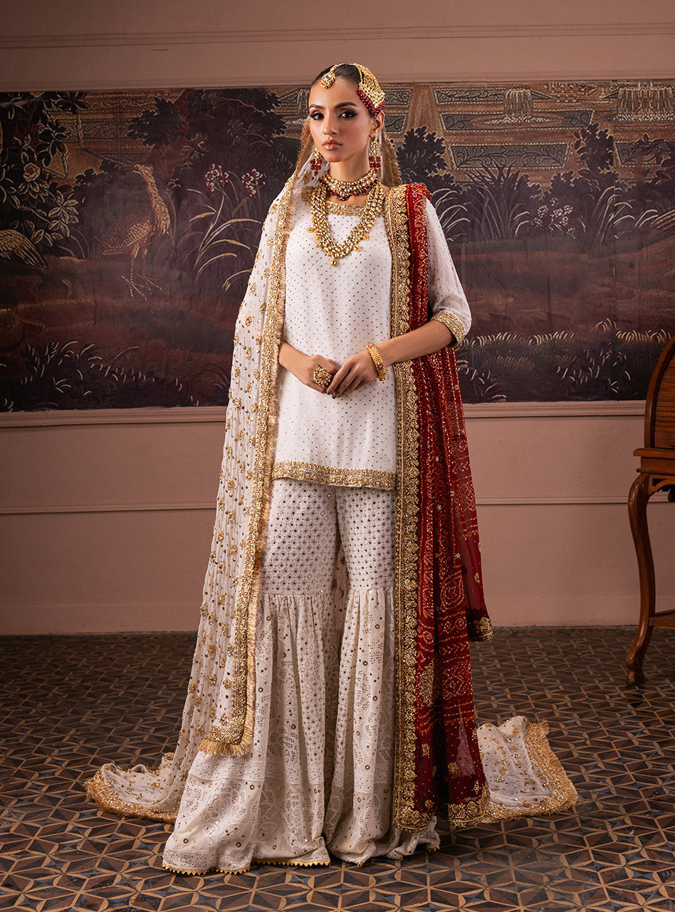 Pakistani Red and Ivory Gold Embroidered Silk Blend Bridal Gharara (3-Piece) - Image 4