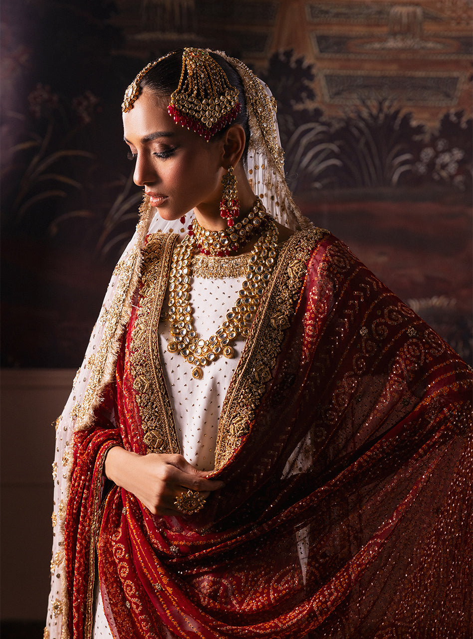 Pakistani Red and Ivory Gold Embroidered Silk Blend Bridal Gharara (3-Piece) - Image 5