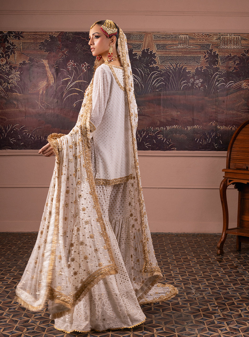 Pakistani Red and Ivory Gold Embroidered Silk Blend Bridal Gharara (3-Piece) - Image 9