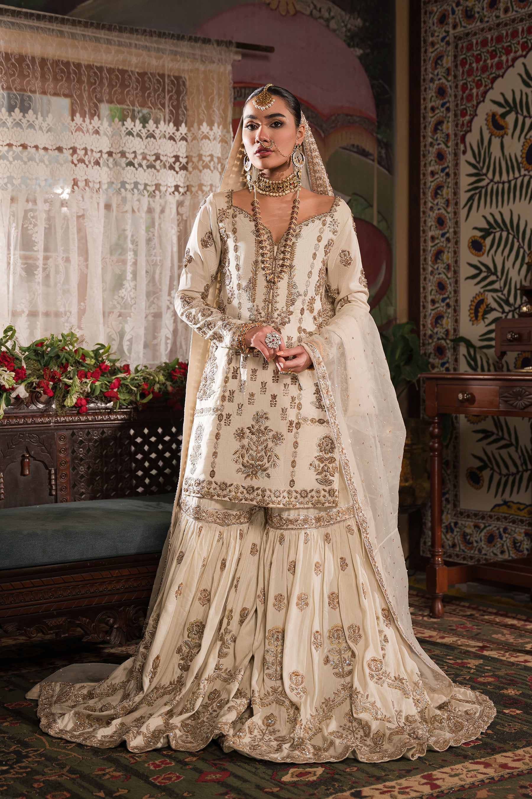 Pakistani Ivory Gold Embroidered Silk-Blend Gharara (3-Piece) - Image 1