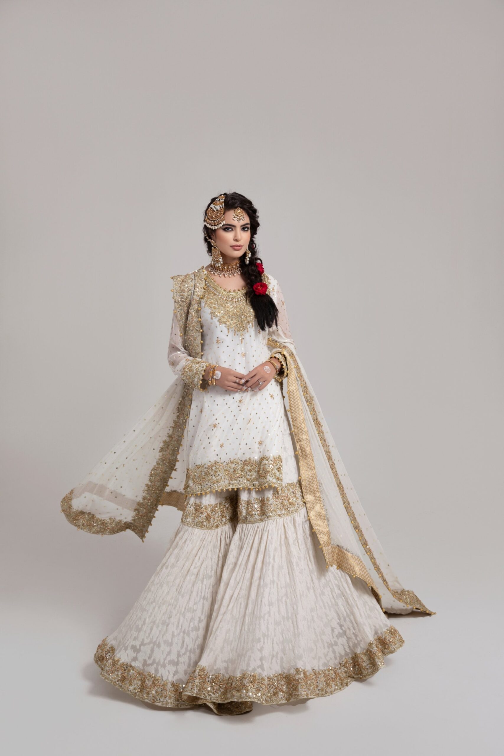 Pakistani Off-White Rose Gold Embroidered Silk-Blend Gharara (3-Piece) - Image 1