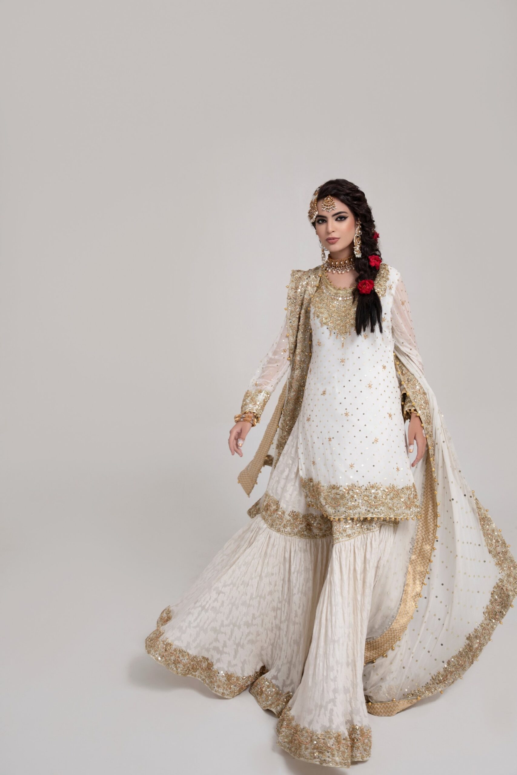 Pakistani Off-White Rose Gold Embroidered Silk-Blend Gharara (3-Piece) - Image 2