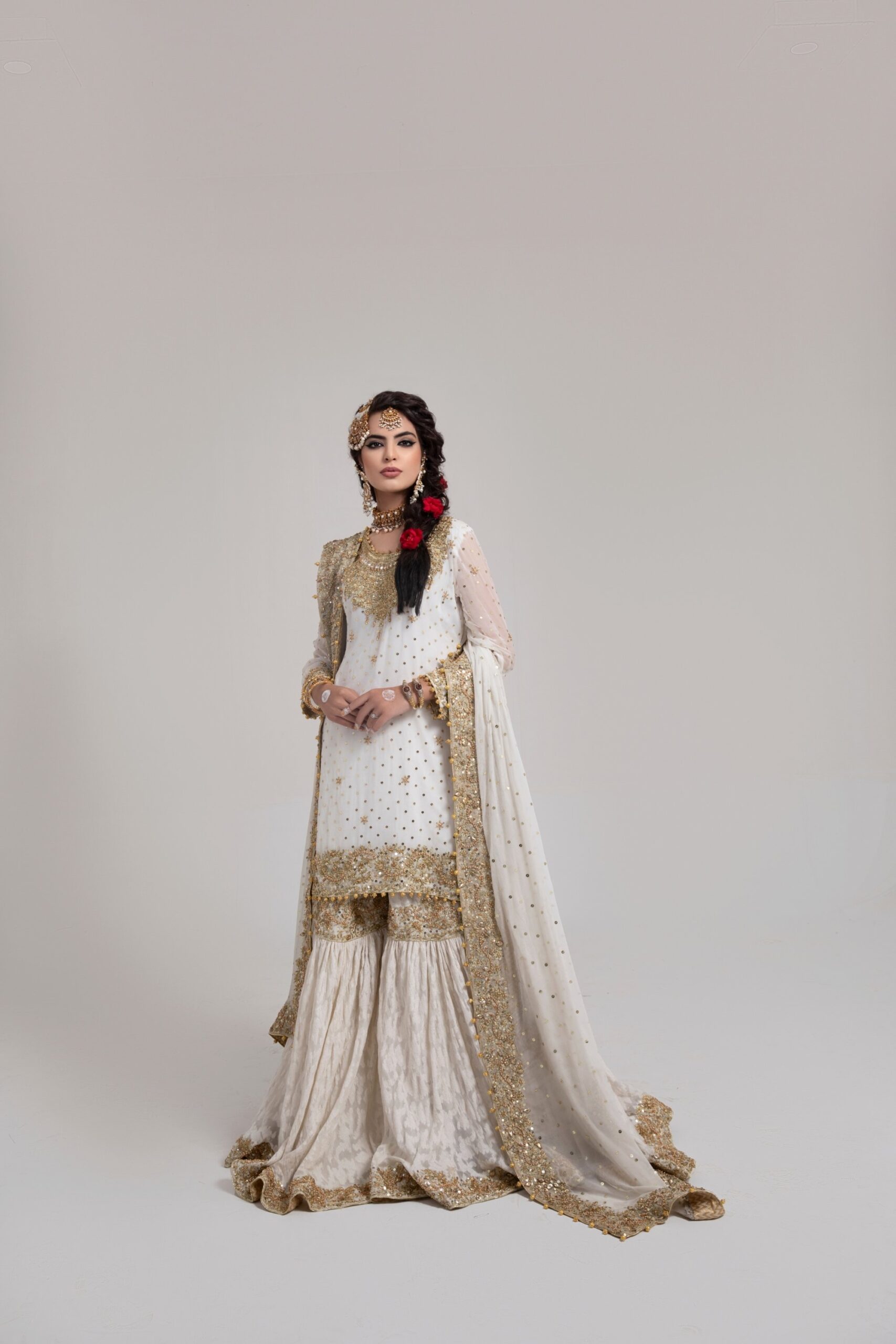 Pakistani Off-White Rose Gold Embroidered Silk-Blend Gharara (3-Piece) - Image 3