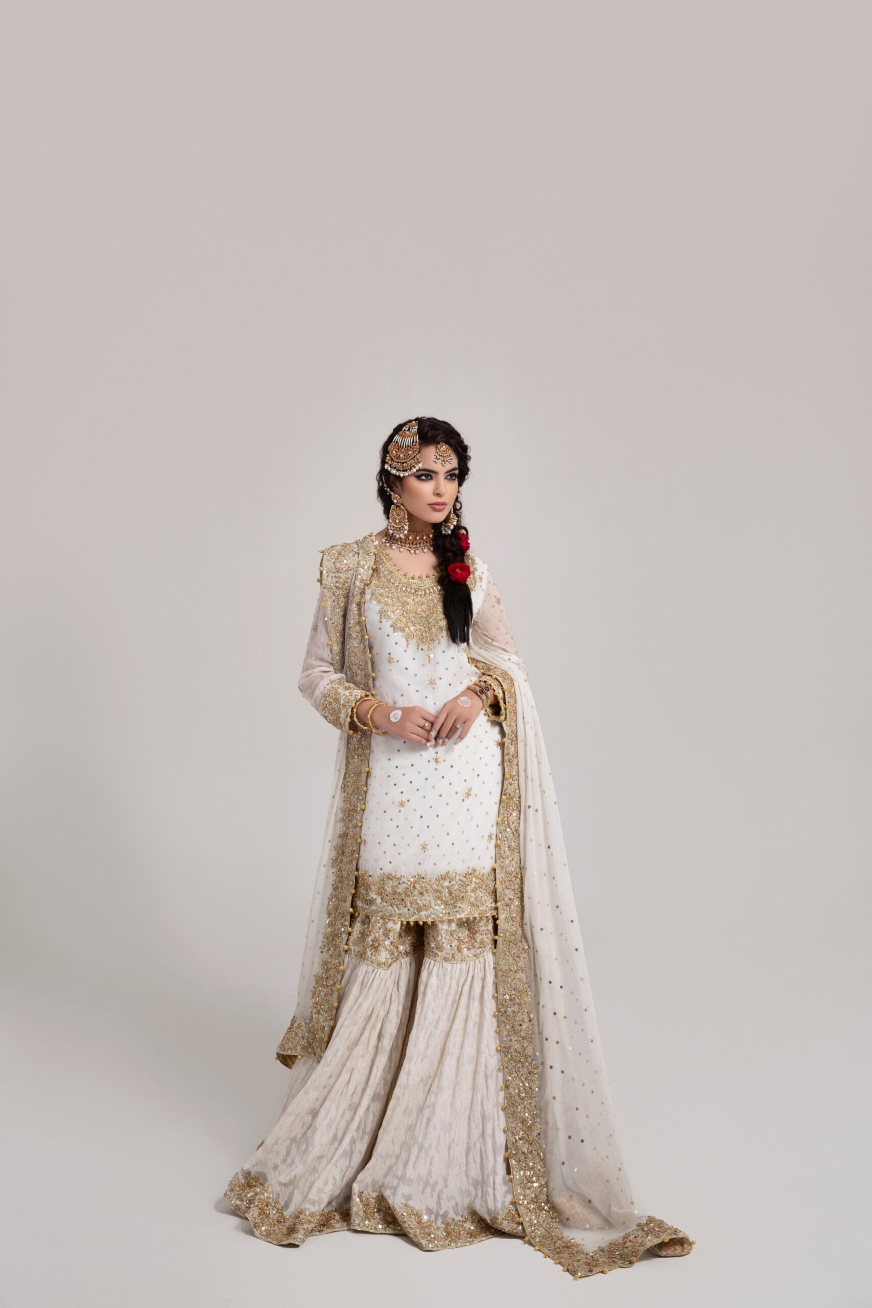 Pakistani Off-White Rose Gold Embroidered Silk-Blend Gharara (3-Piece) - Image 4