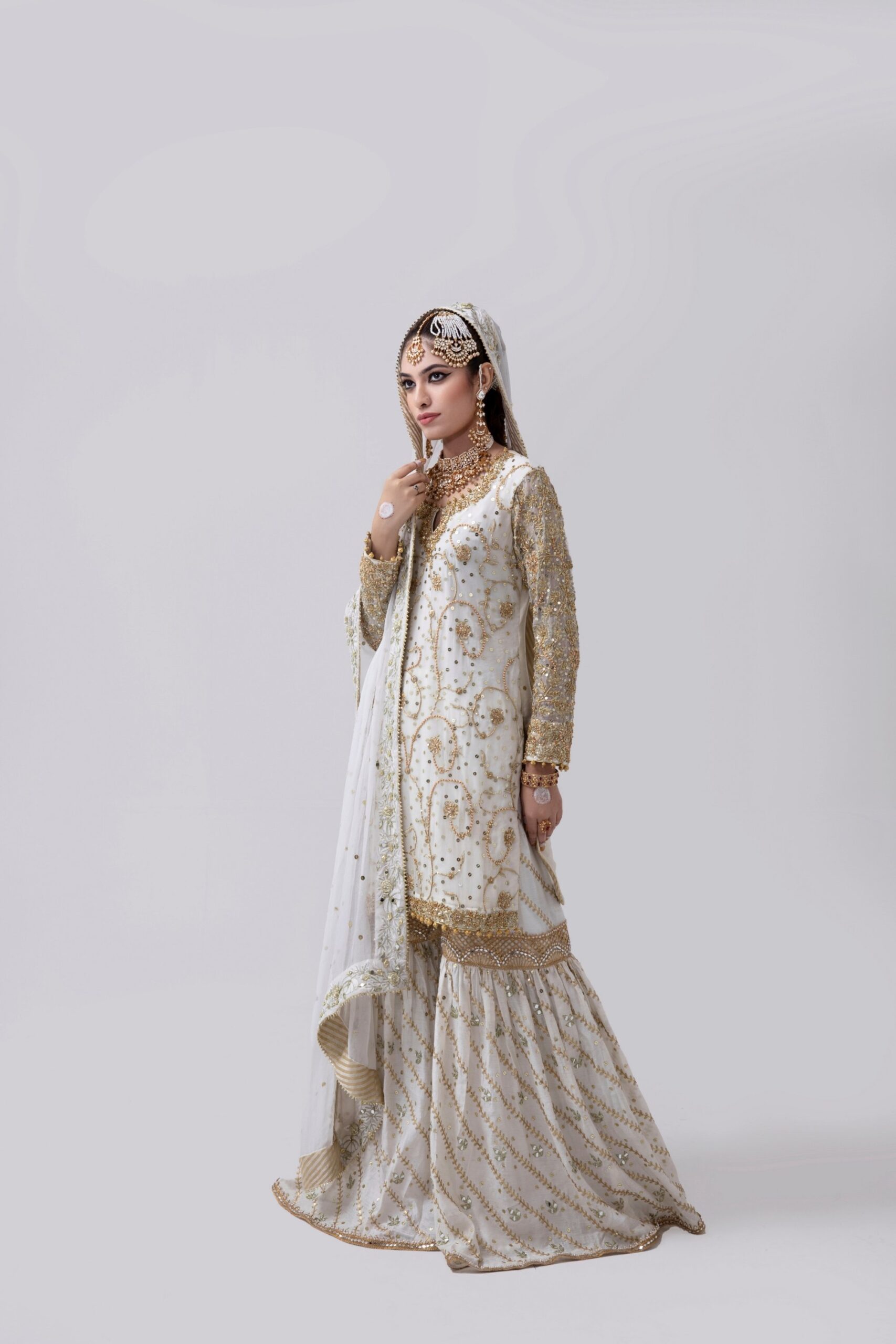 Pakistani Off-White Rose Gold Embroidered Silk Blend Gharara (3-Piece) - Image 1