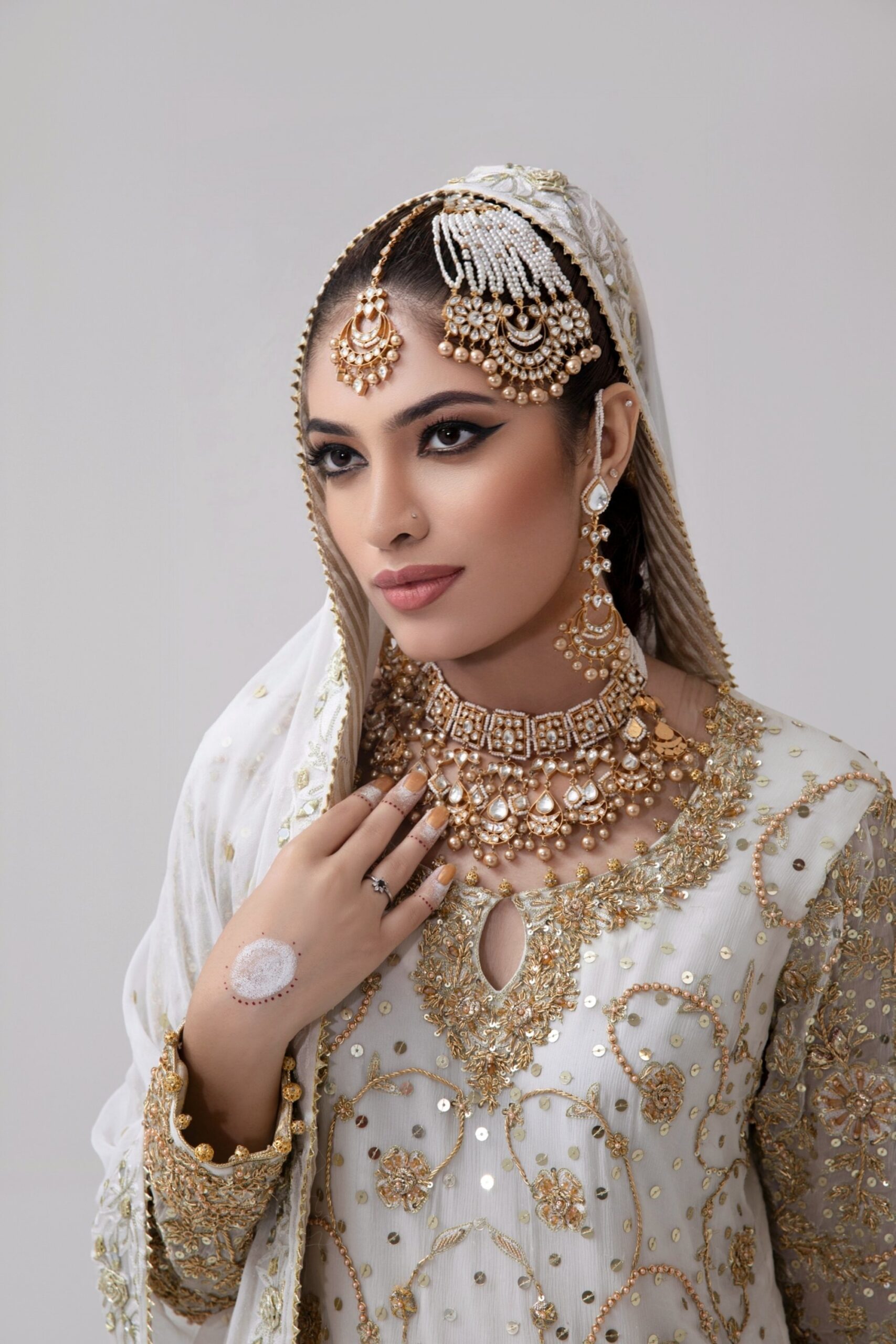 Pakistani Off-White Rose Gold Embroidered Silk Blend Gharara (3-Piece) - Image 3