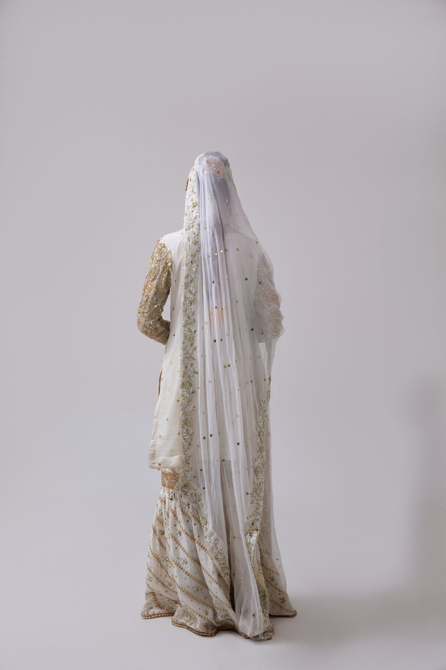 Pakistani Off-White Rose Gold Embroidered Silk Blend Gharara (3-Piece) - Image 4