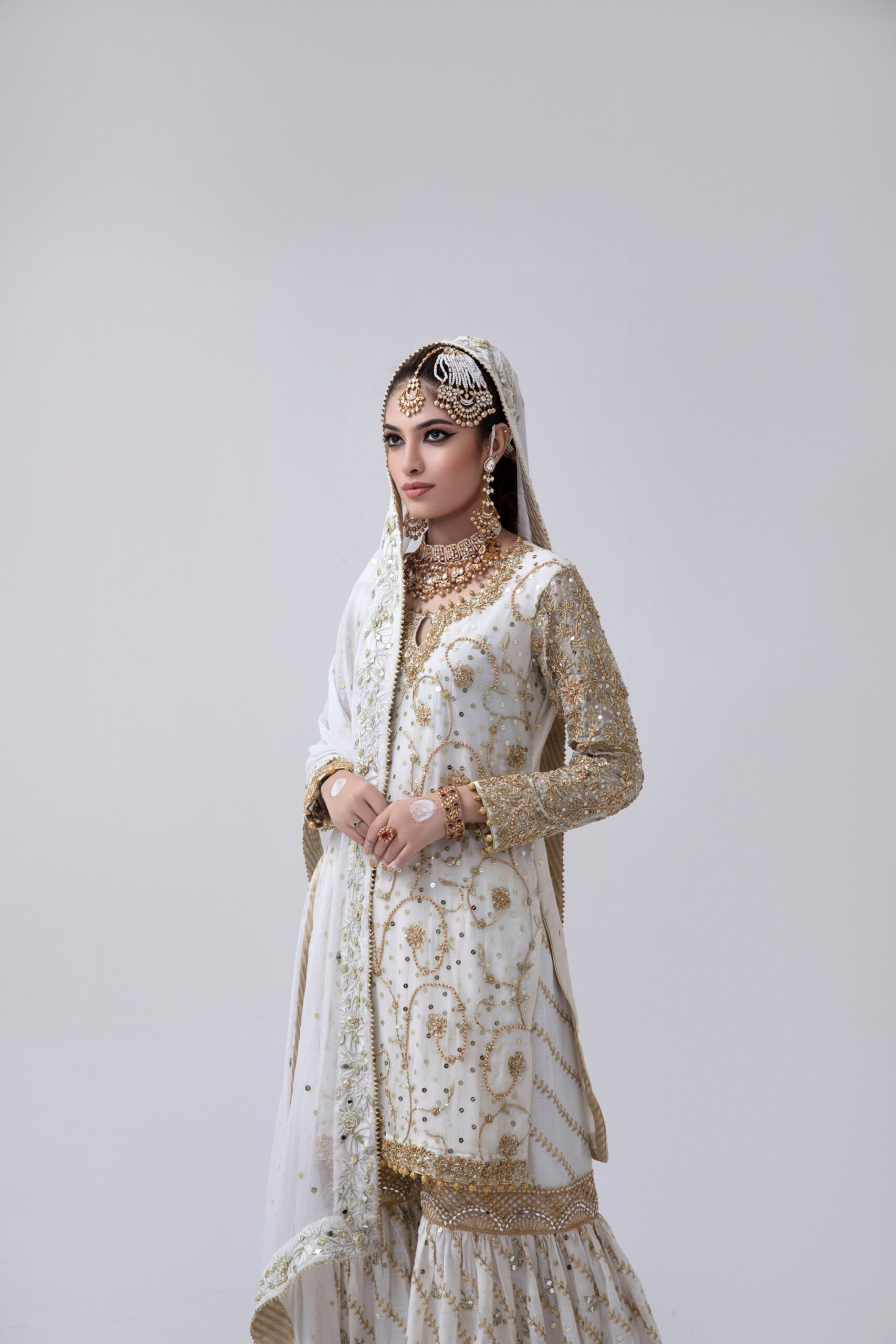 Pakistani Off-White Rose Gold Embroidered Silk Blend Gharara (3-Piece) - Image 5