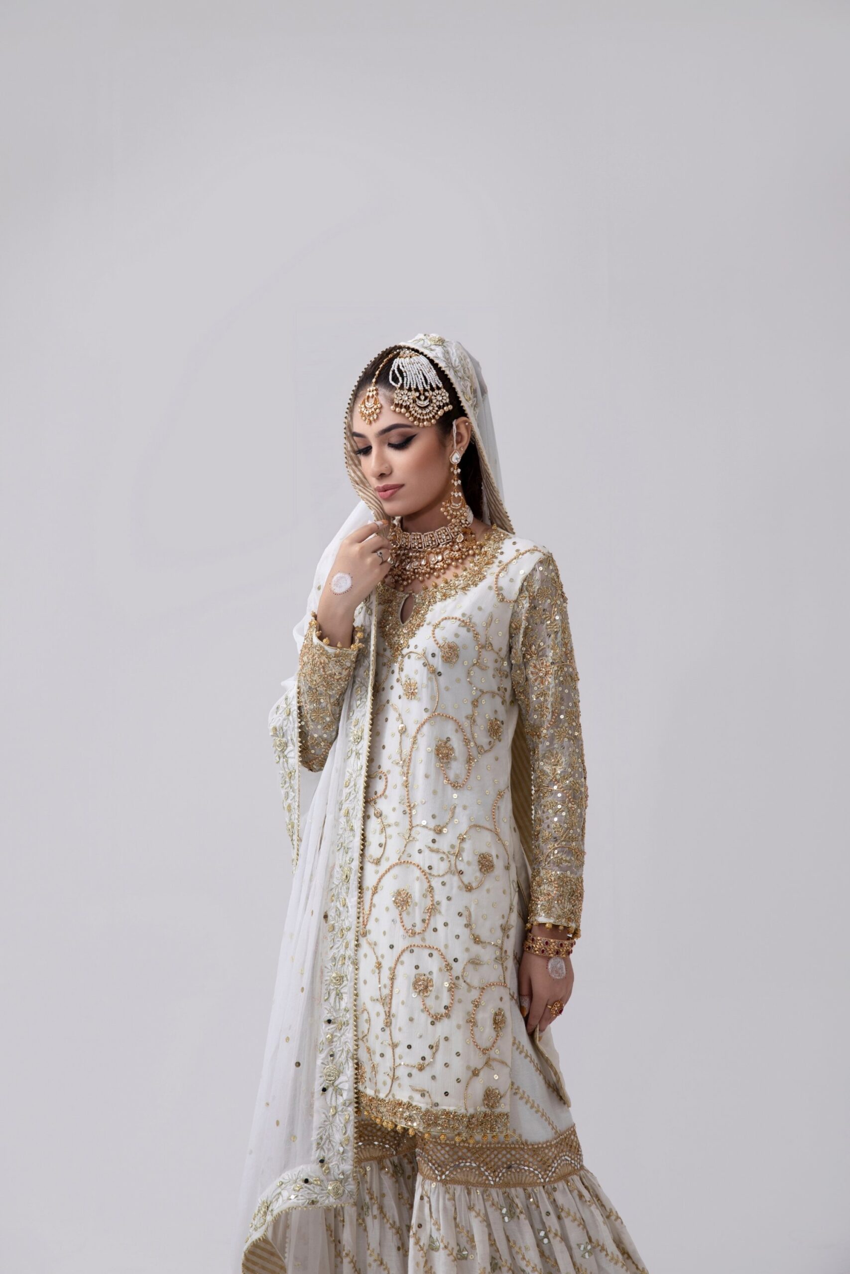 Pakistani Off-White Rose Gold Embroidered Silk Blend Gharara (3-Piece) - Image 6