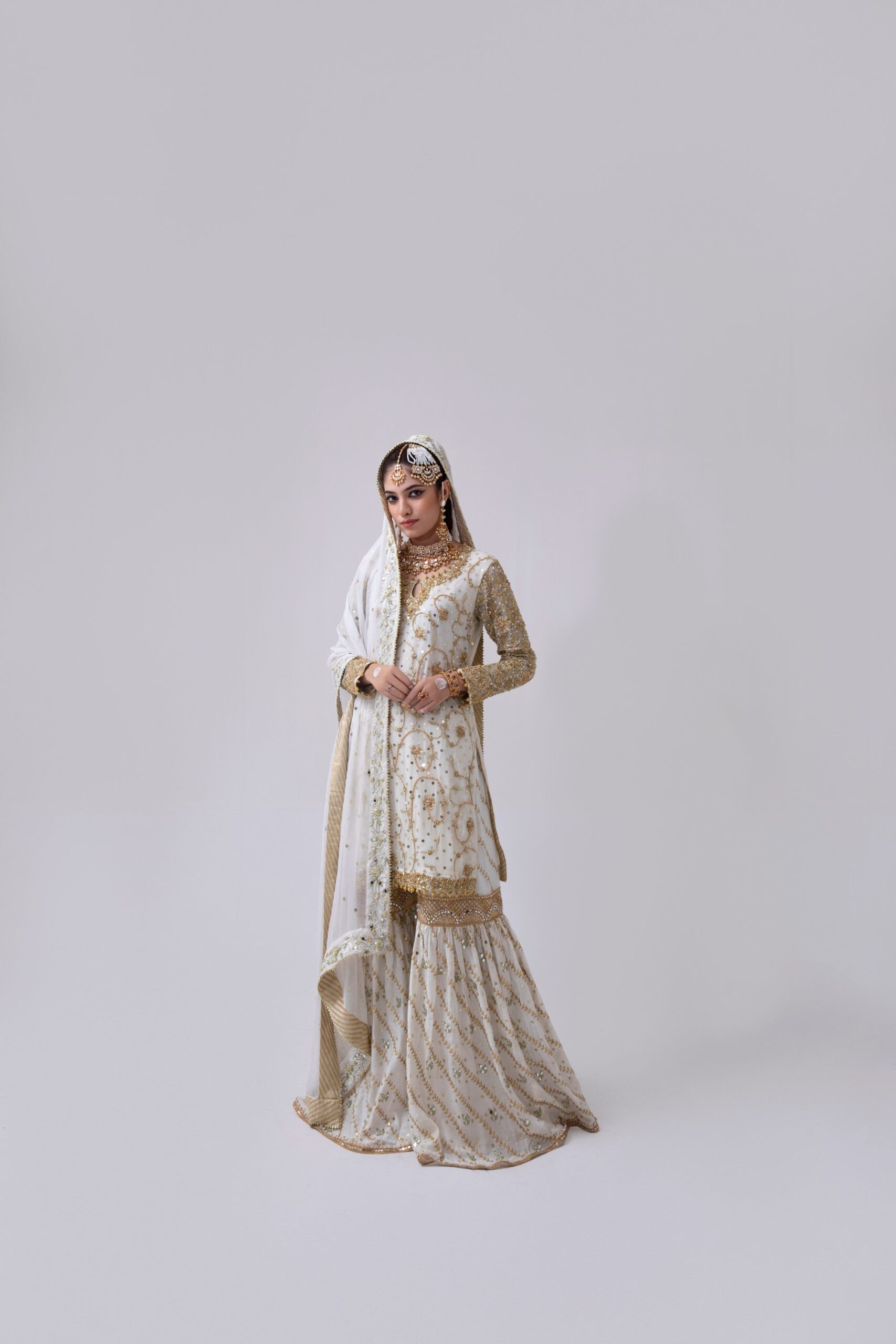 Pakistani Off-White Rose Gold Embroidered Silk Blend Gharara (3-Piece) - Image 7