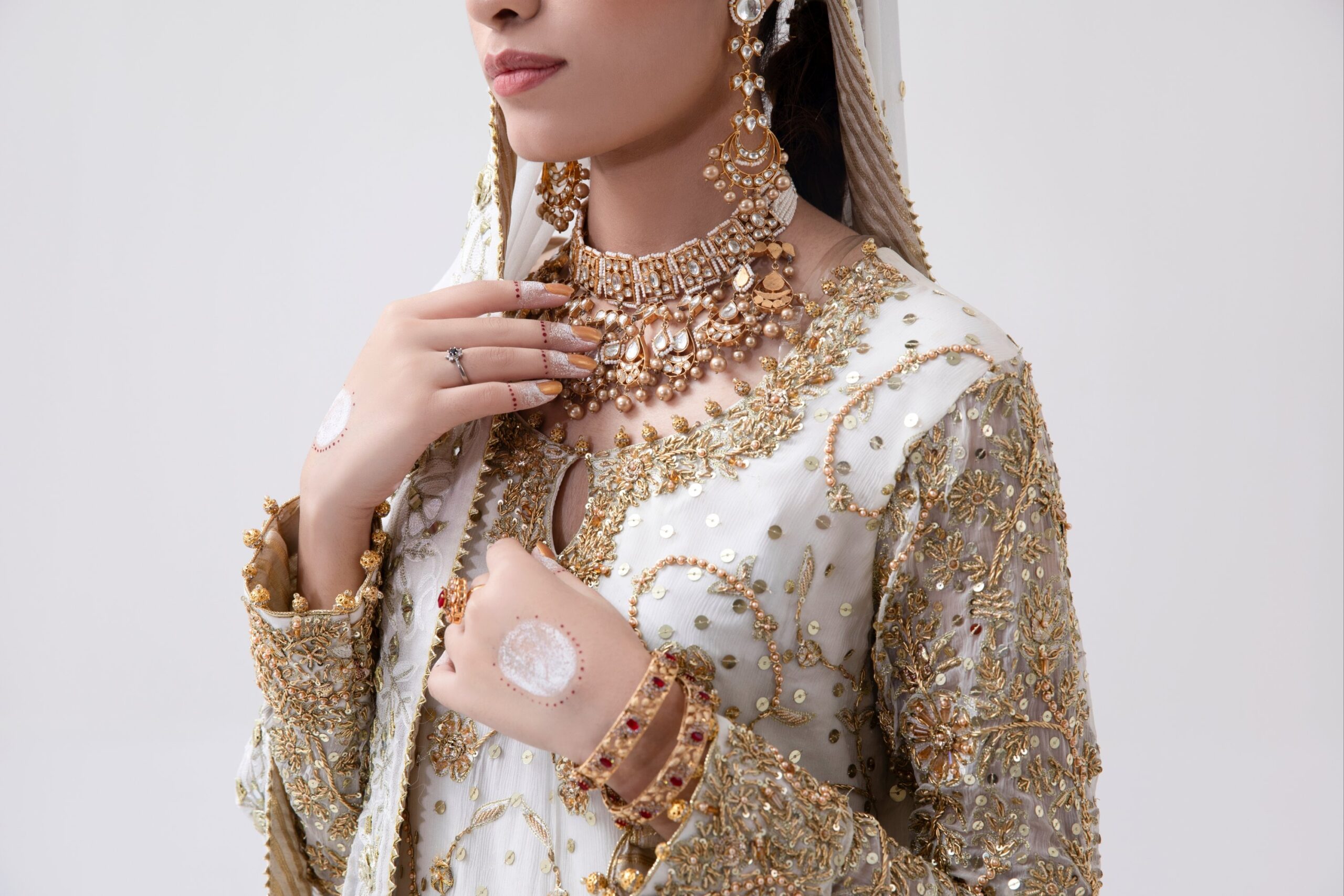 Pakistani Off-White Rose Gold Embroidered Silk Blend Gharara (3-Piece) - Image 8