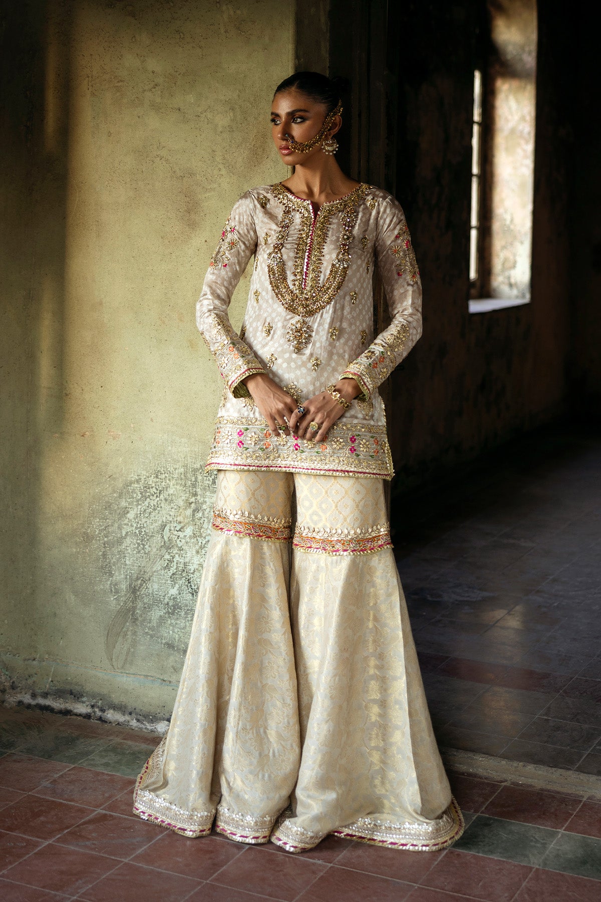 Ivory Gold Embroidered Silk Chunri Kameez & Zari Net Gharara (2-Piece) - Image 1