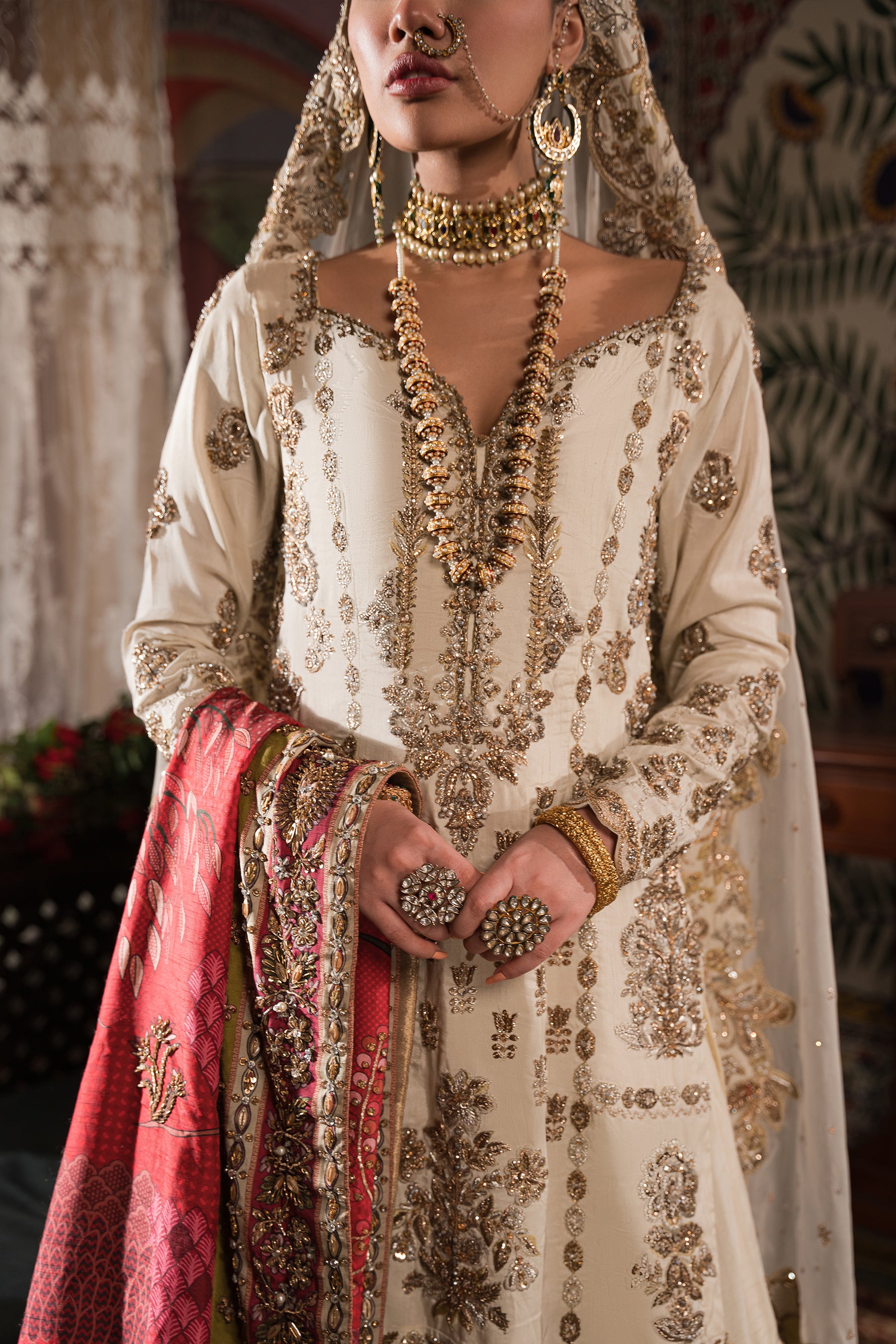 Ivory Gold Embroidered Silk Gharara Set (3-Piece) - Image 5