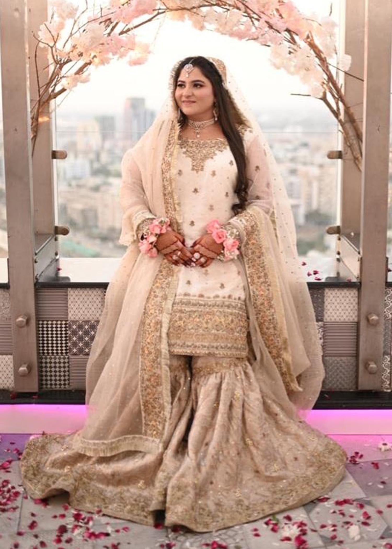 Pakistani Ivory Gold Embroidered Silk Bridal Gharara (3-Piece) - Image 1