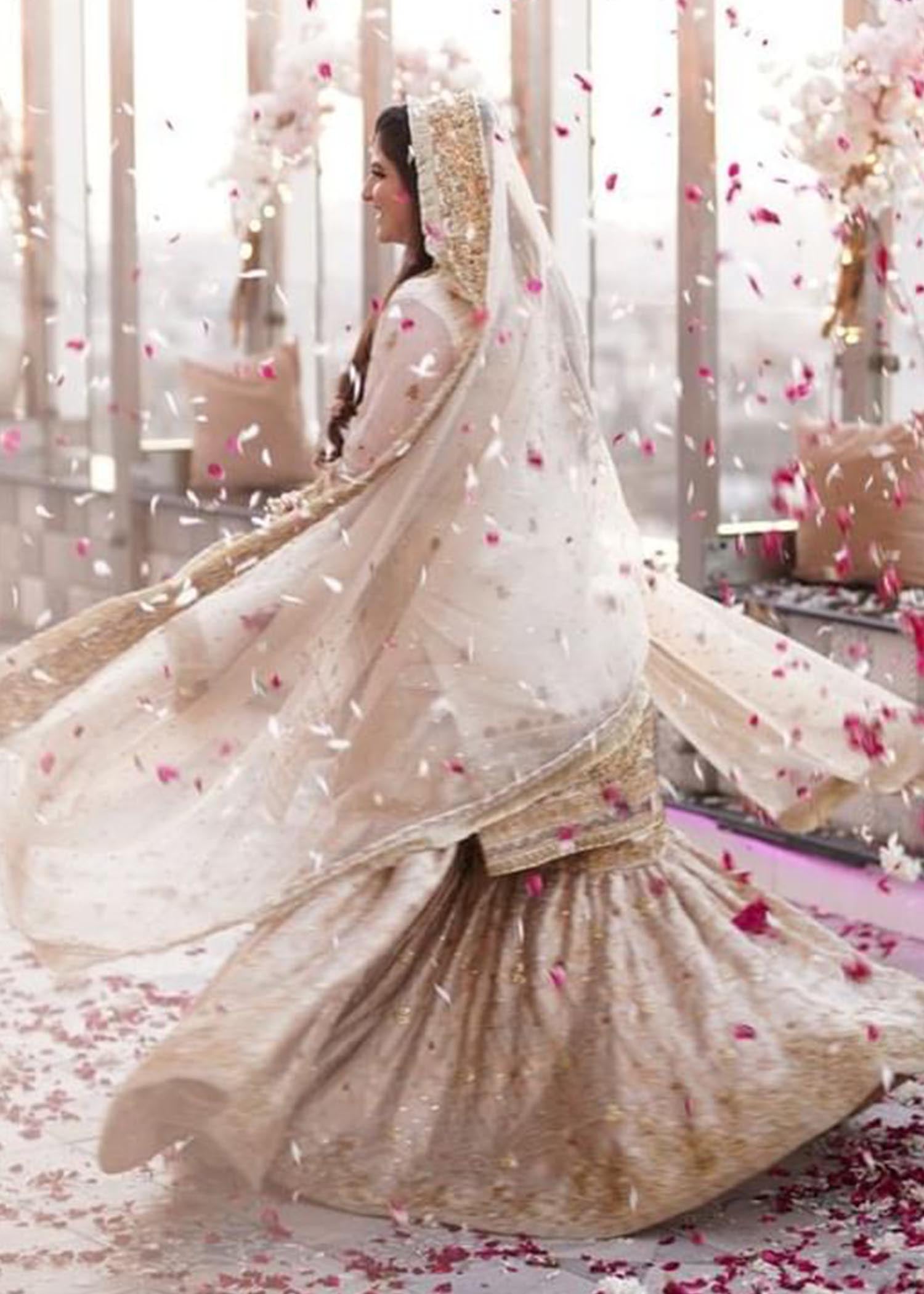 Pakistani Ivory Gold Embroidered Silk Bridal Gharara (3-Piece) - Image 2