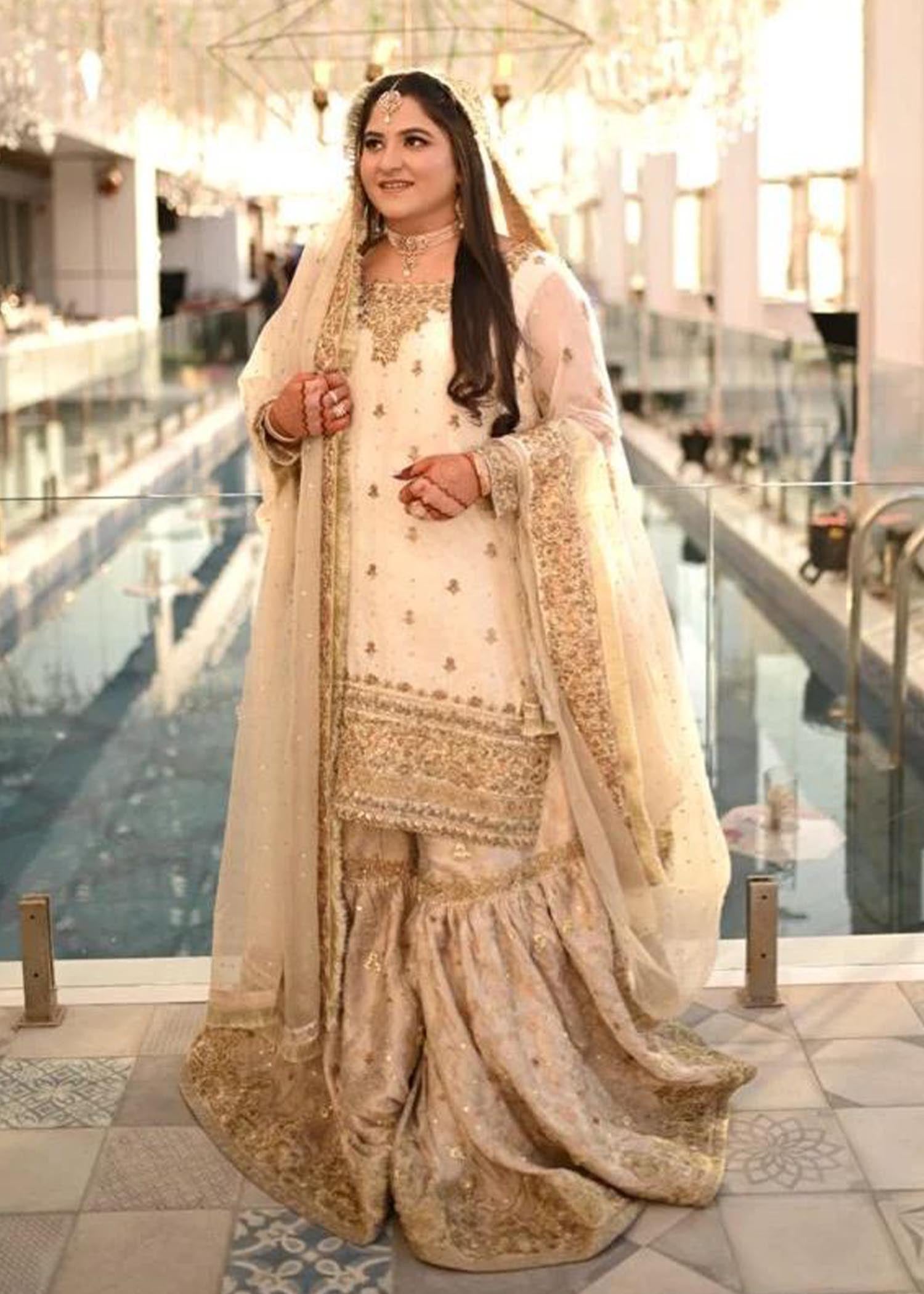 Pakistani Ivory Gold Embroidered Silk Bridal Gharara (3-Piece) - Image 3