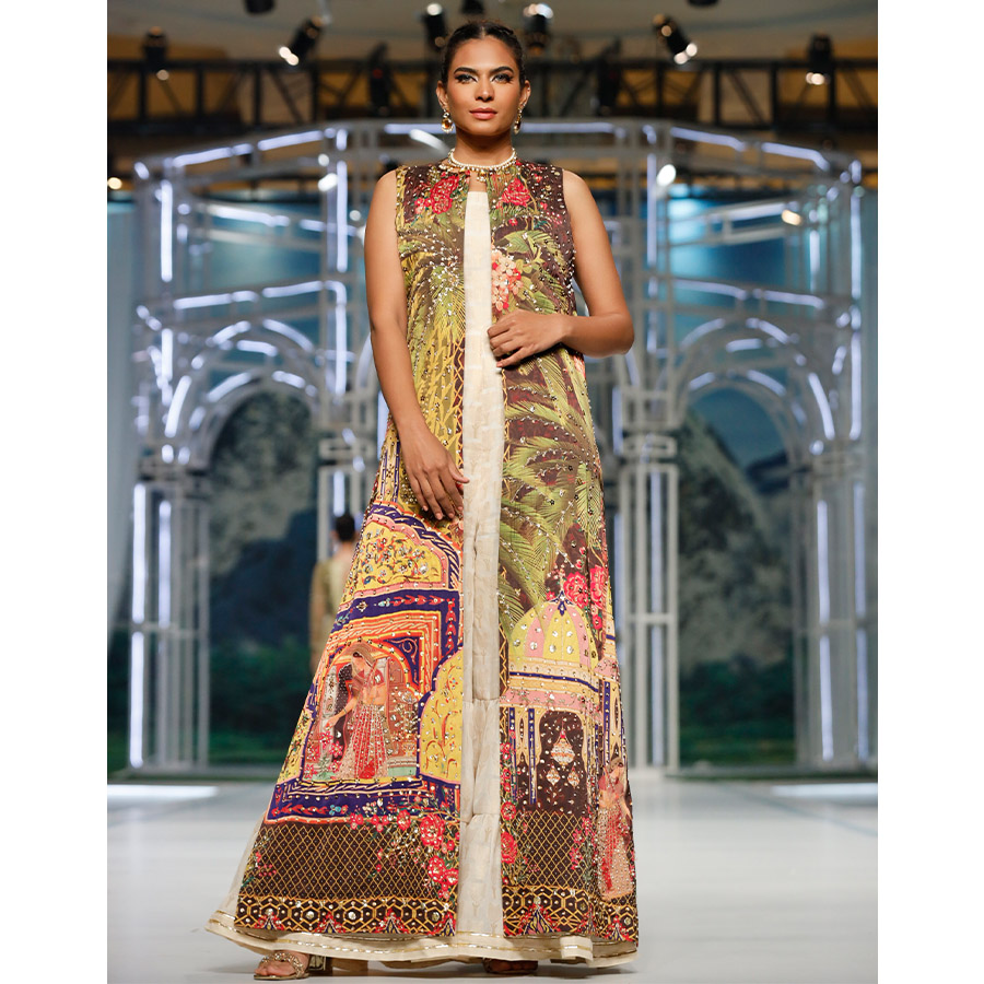 Pakistani Multi-Colour Zardozi Silk Mughal Jacket with Gharara (2-Piece) - Image 1