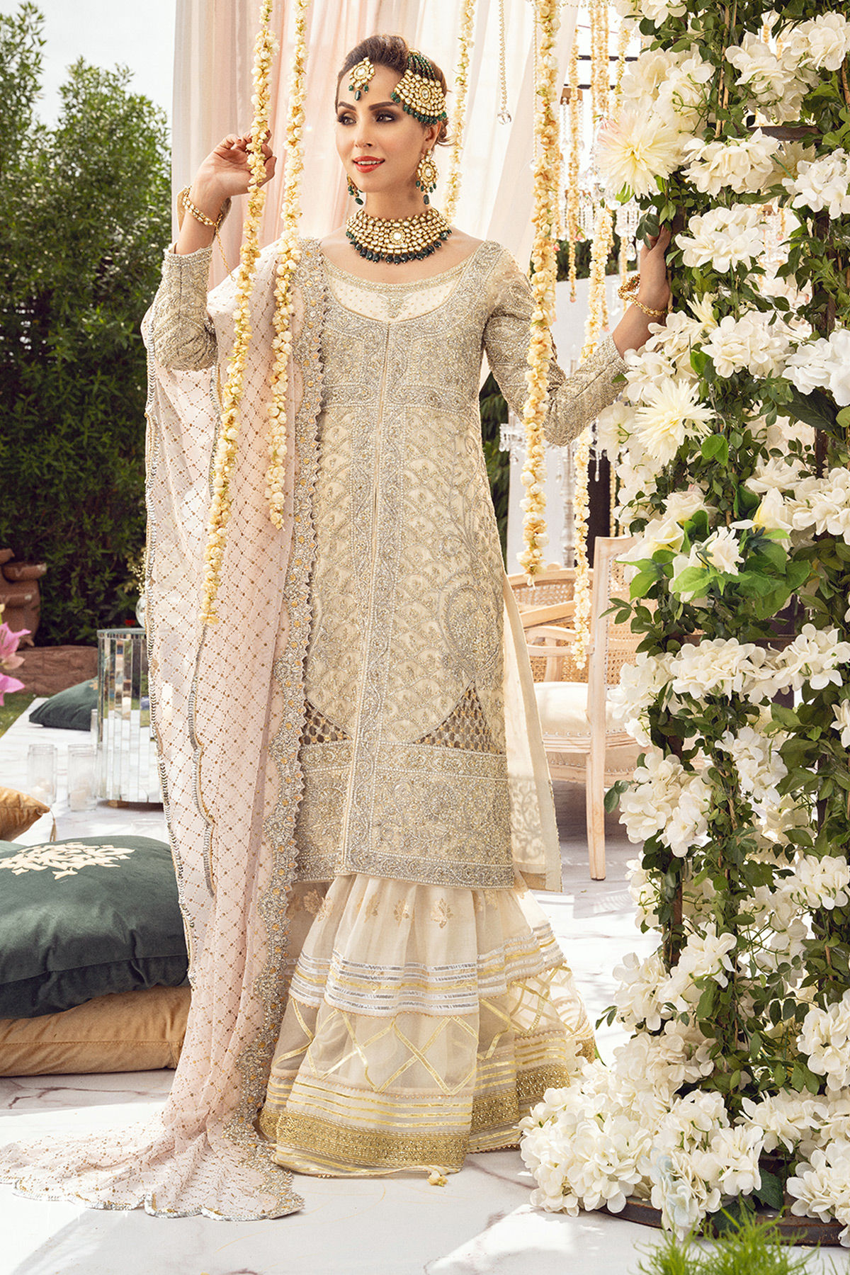 Ivory Zardozi Silk Net Long Shirt with Lorex Gharara (3-Piece) - Image 1