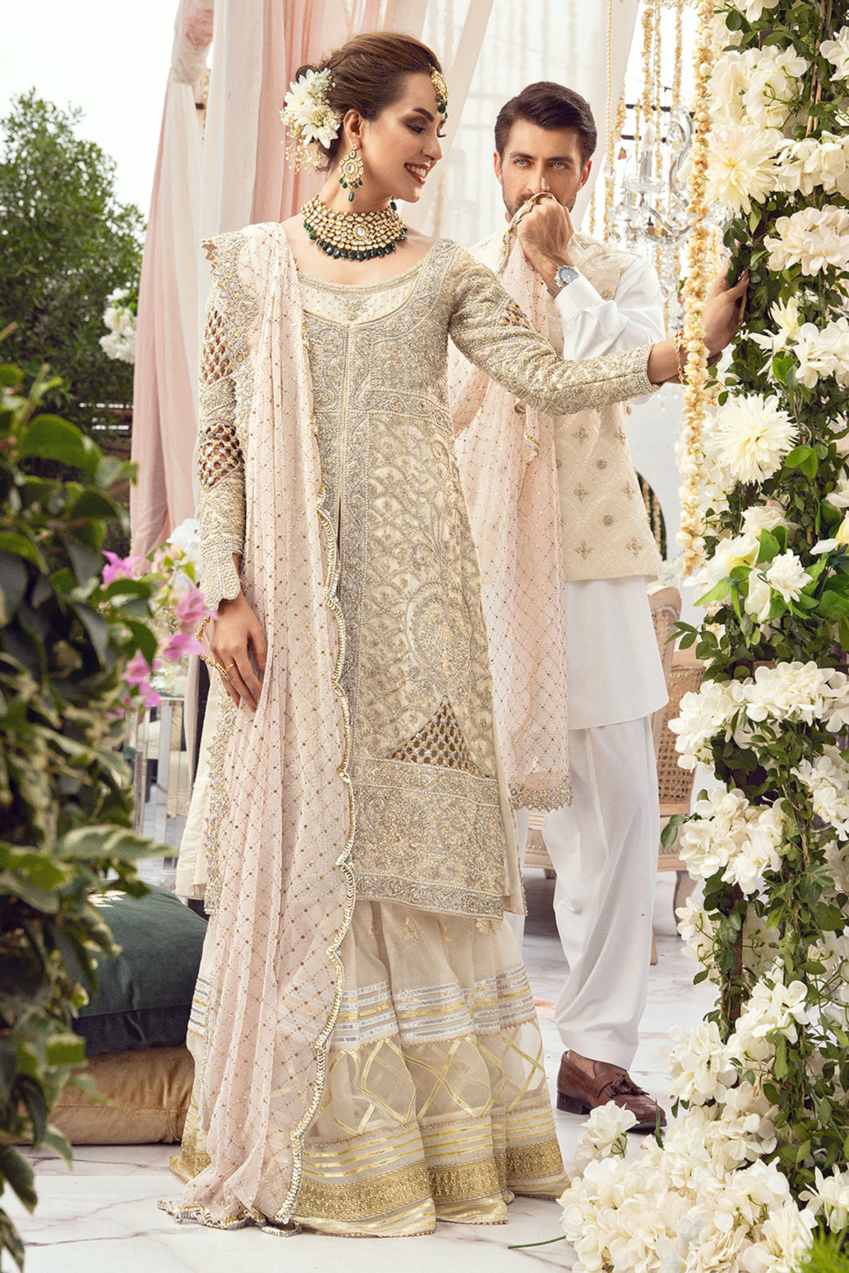 Ivory Zardozi Silk Net Long Shirt with Lorex Gharara (3-Piece) - Image 3