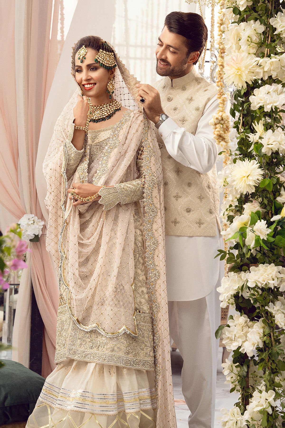 Ivory Zardozi Silk Net Long Shirt with Lorex Gharara (3-Piece) - Image 5