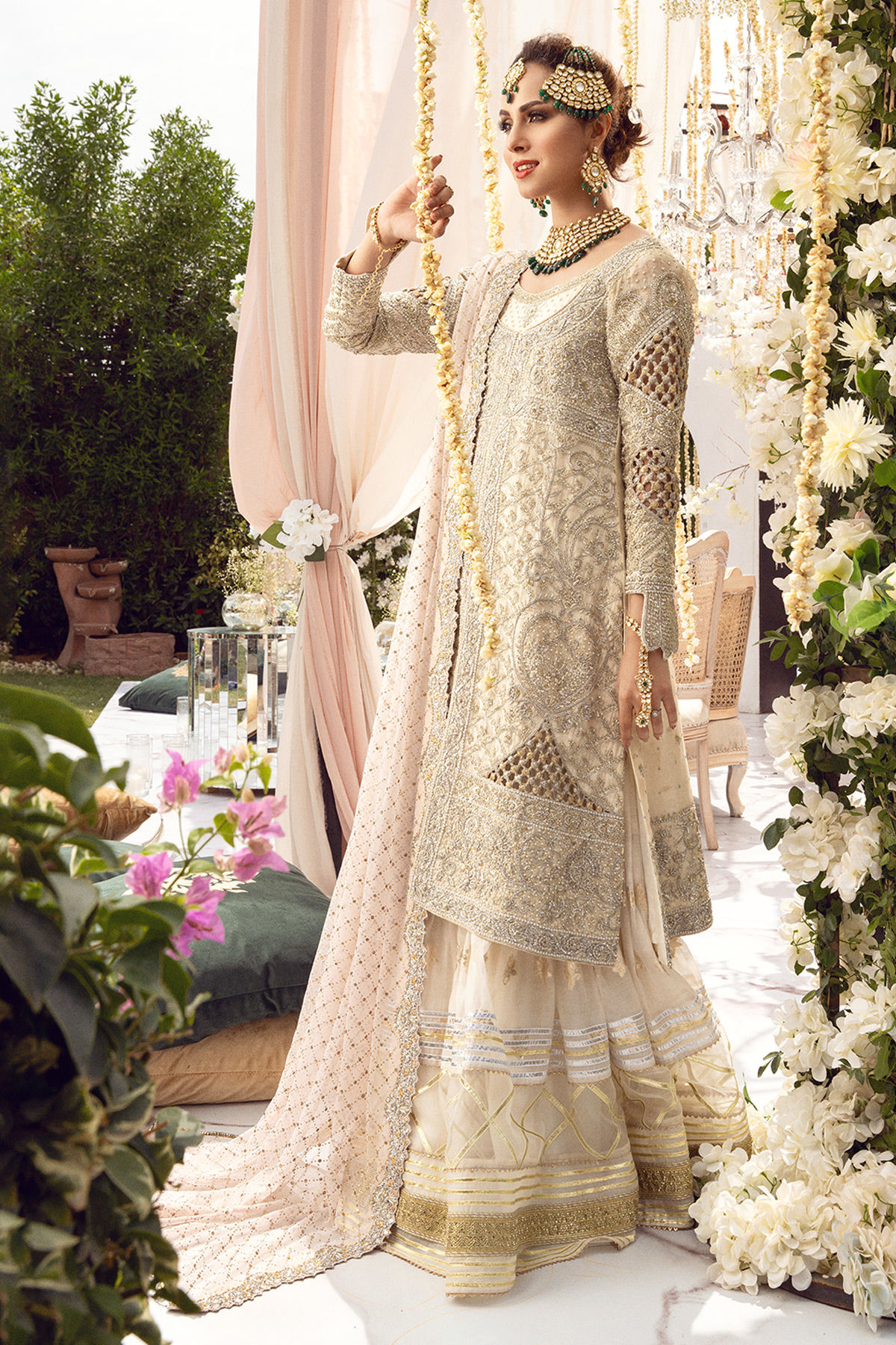 Ivory Zardozi Silk Net Long Shirt with Lorex Gharara (3-Piece) - Image 7