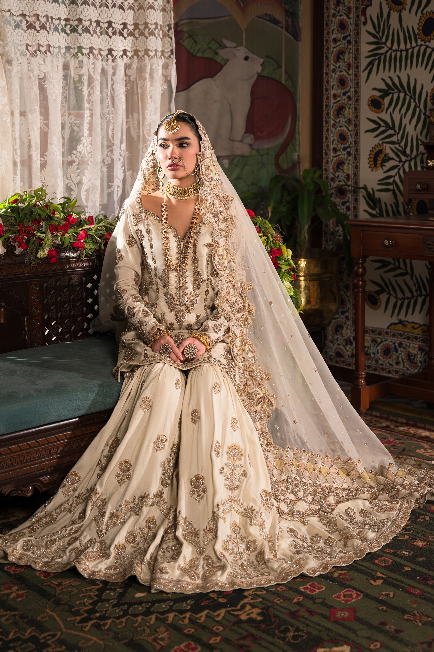 Ivory Gold Embroidered Silk Gharara Set (3-Piece) - Image 1
