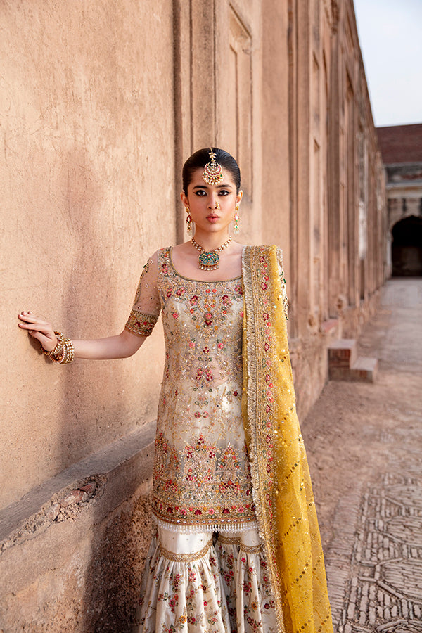 Ivory Embroidered Silk Gharara Set (3-Piece) - Image 4