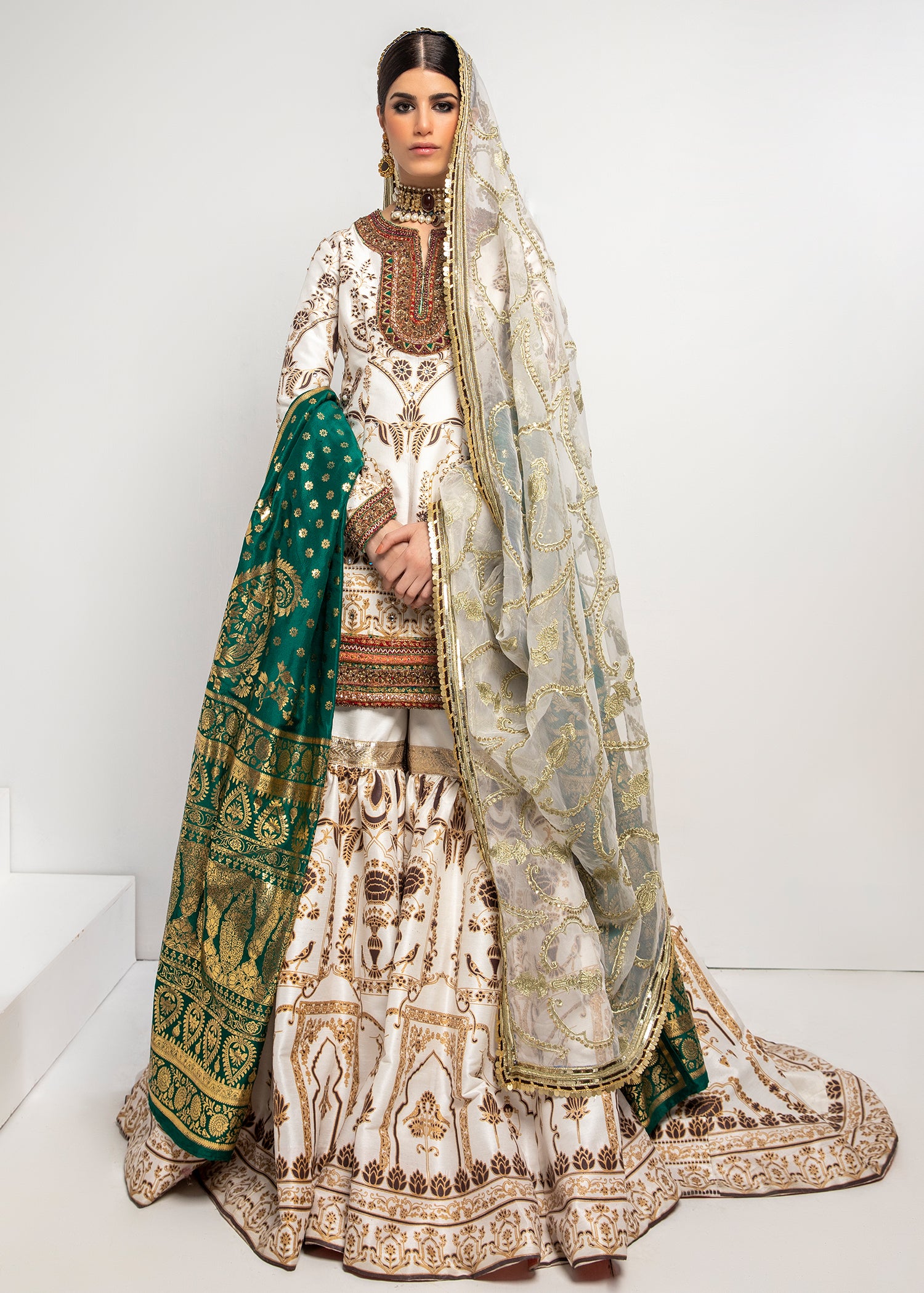 Ivory Embellished Silk Short Shirt & Furshi Gharara (3-Piece) - Image 1