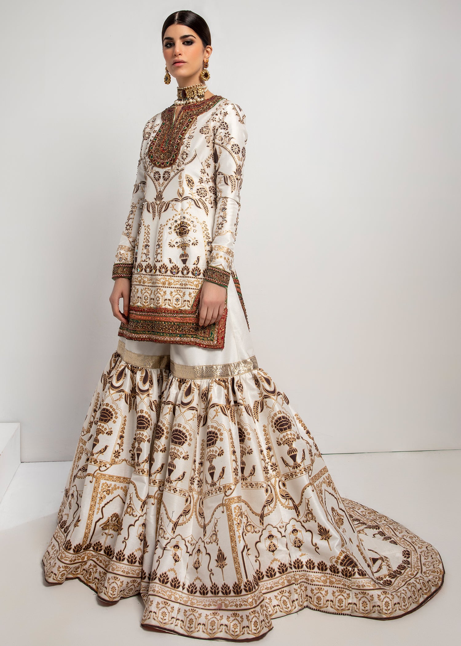 Ivory Embellished Silk Short Shirt & Furshi Gharara (3-Piece) - Image 2