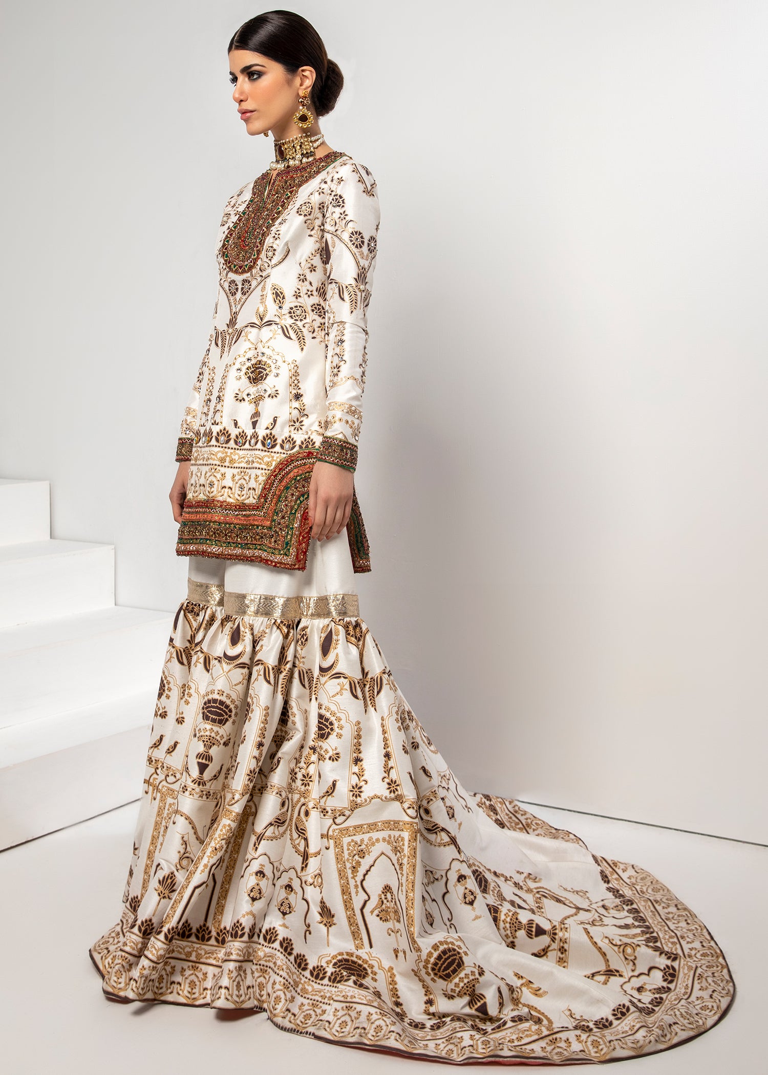 Ivory Embellished Silk Short Shirt & Furshi Gharara (3-Piece) - Image 3