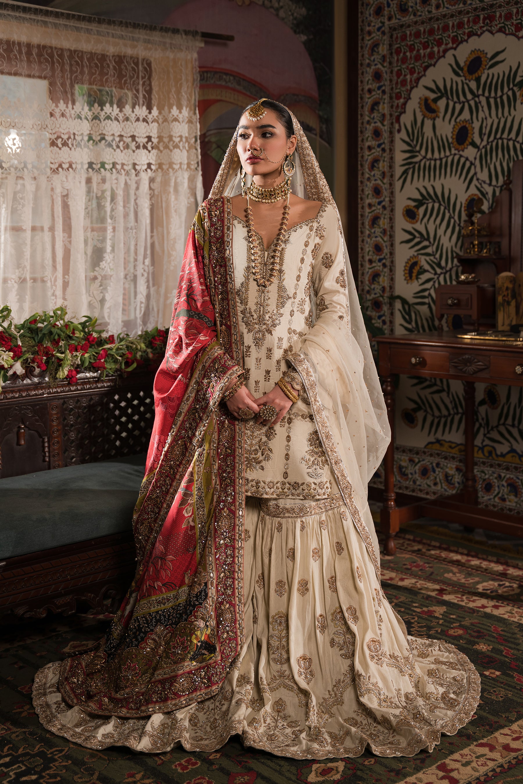 Ivory Gold Zardozi Silk Gharara Set (3-Piece) - Image 2