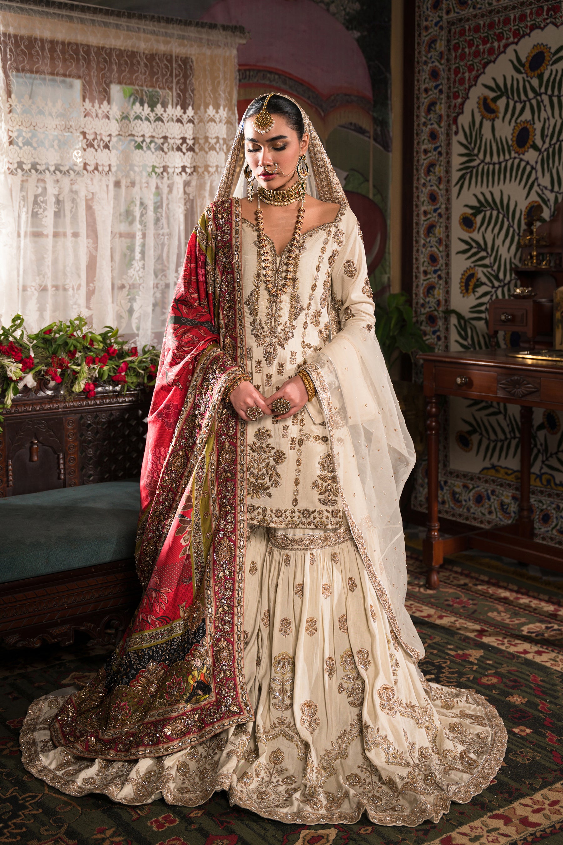Ivory Gold Zardozi Silk Gharara Set (3-Piece) - Image 3