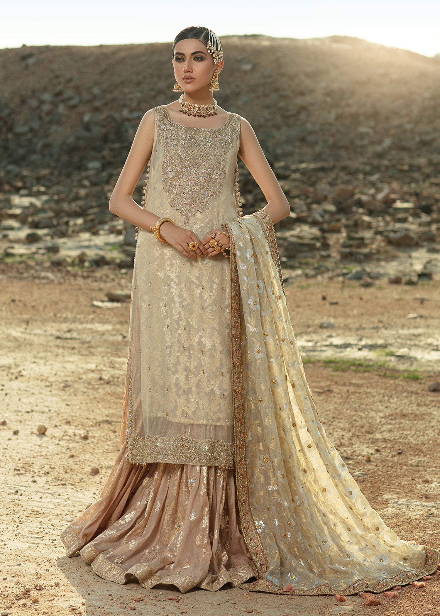 Ivory Zardozi Silk Mesori Gharara (3-Piece) - Image 1