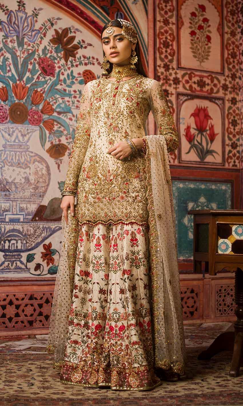 Ivory Gold Embellished Silk Bridal Gharara (3-Piece) - Image 1