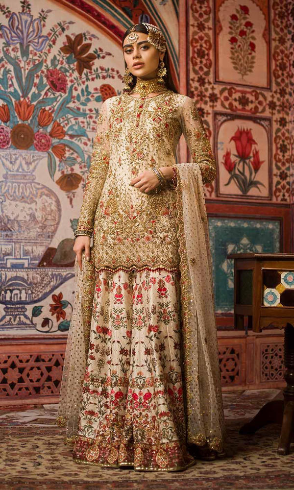 Ivory Gold Embellished Silk Bridal Gharara (3-Piece) - Image 2
