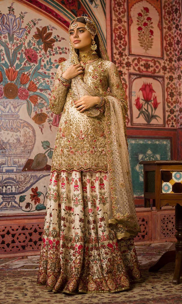 Ivory Gold Embellished Silk Bridal Gharara (3-Piece) - Image 3